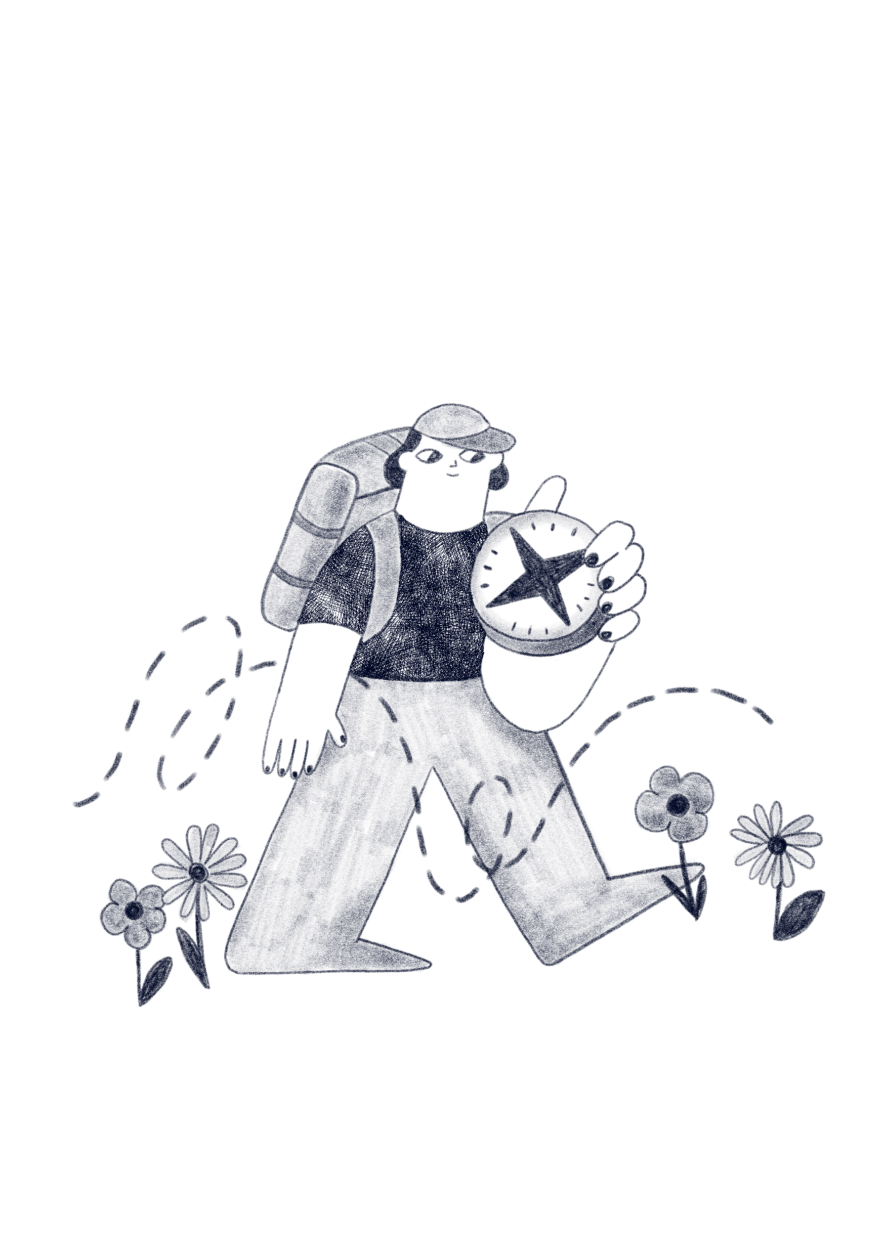 Illustration of person holding a compass walking  in the midst of flowers