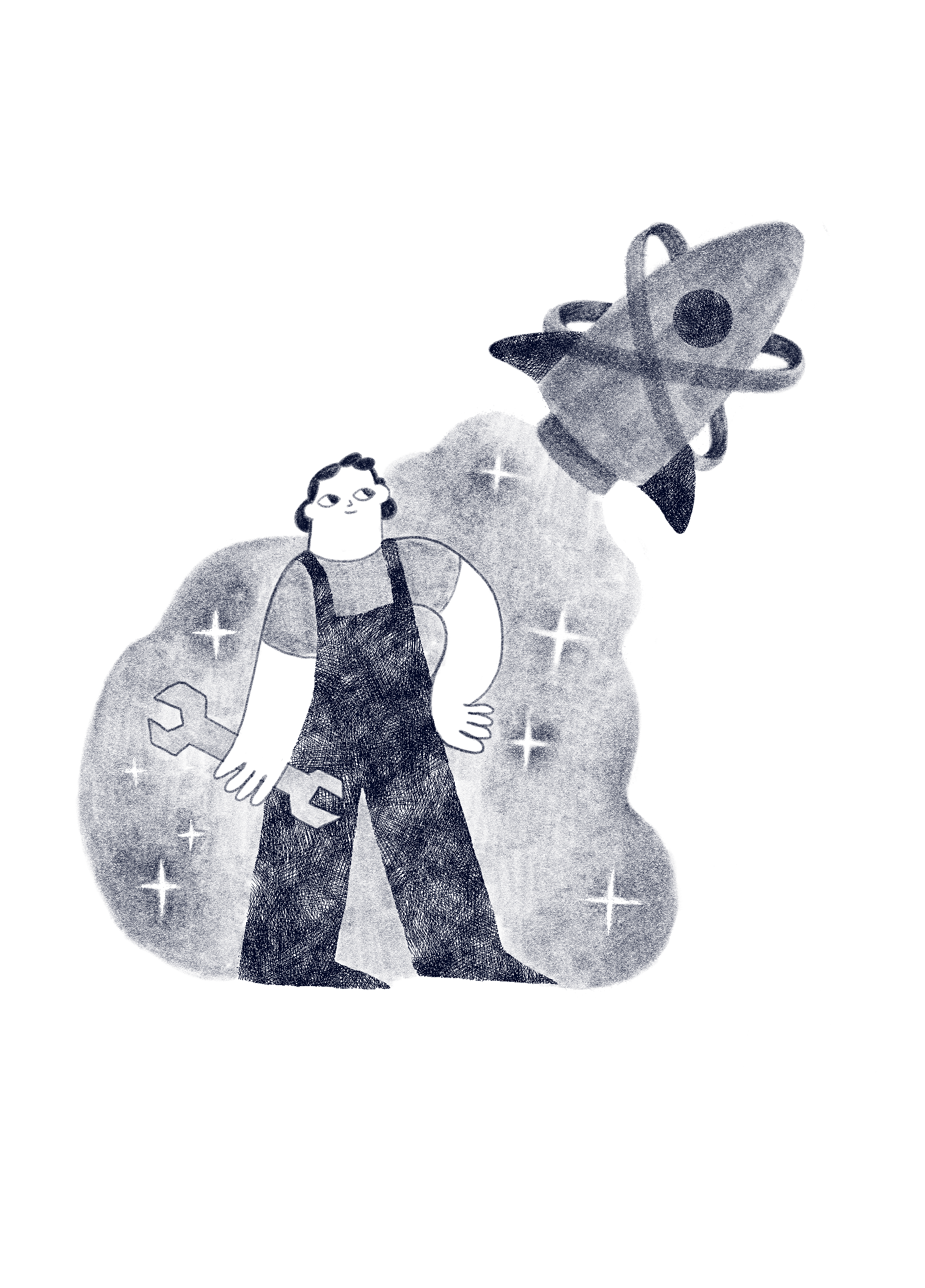 Illustration of person watching a rocket ship and holding a wrench